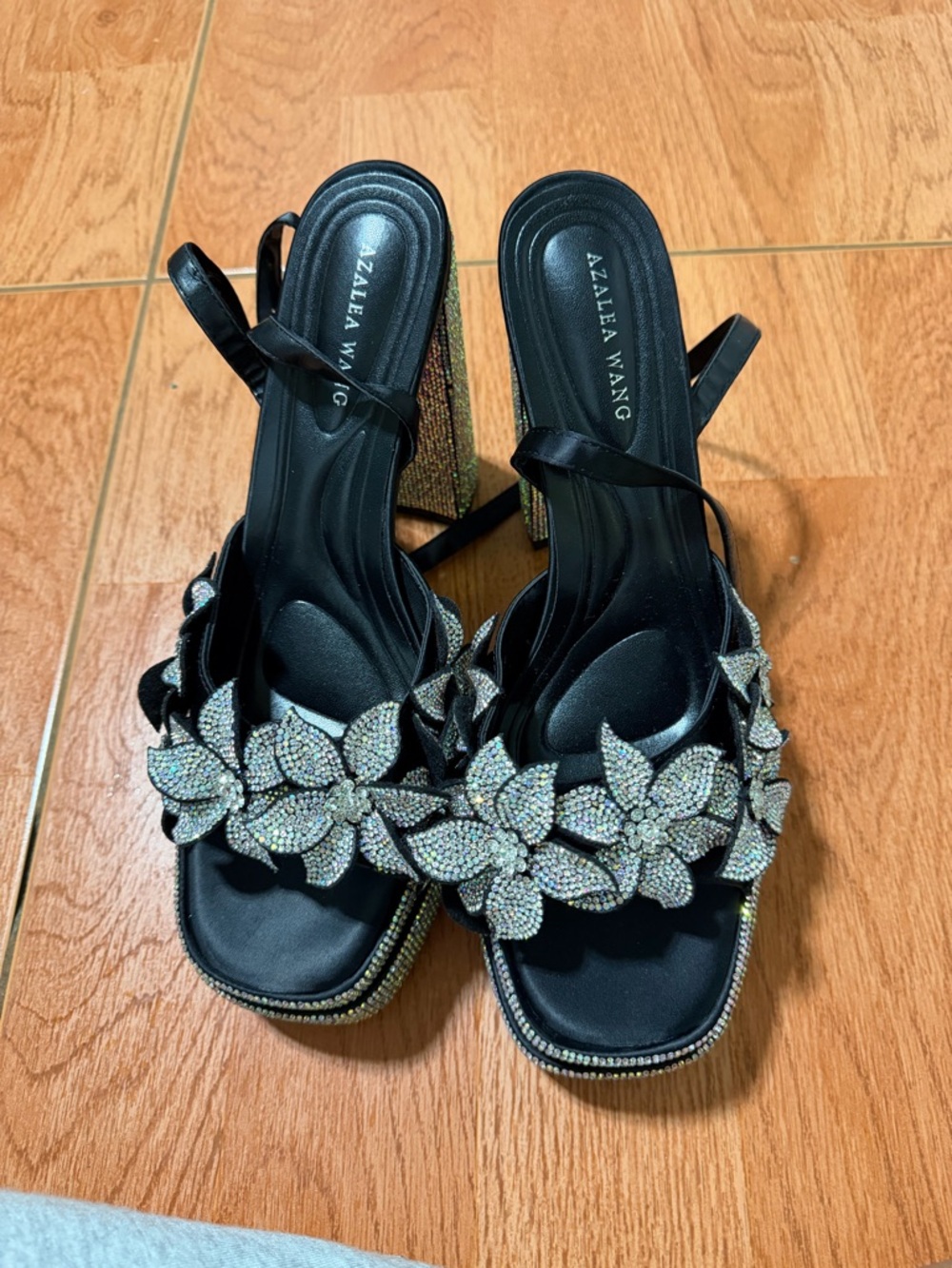 Azalea Wang Black Slingback Heels with Rhinestone Floral Trim